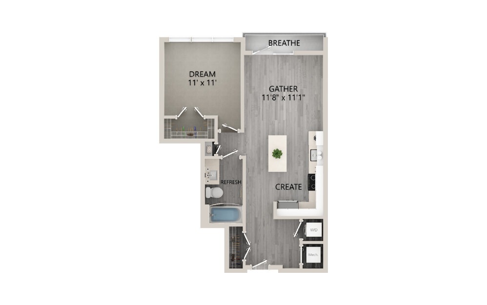 A01 - 2D 1 Bed & 1 Bath Floor Plan At Aventon Crown Apartments