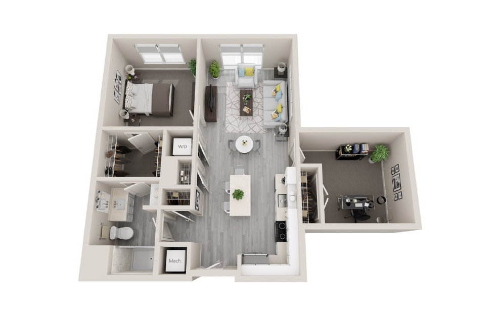 B1 - 3D 1 Bed + Den & 1 Bath Floor Plan At Aventon Crown Apartments