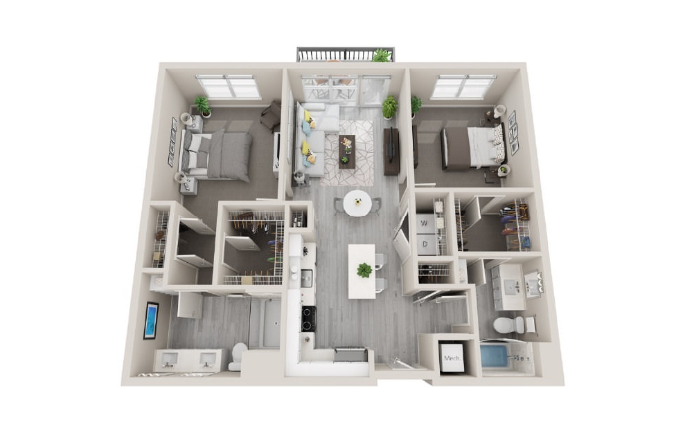 D01 - 3D 2 Bed & 2 Bath Floor Plan At Aventon Crown Apartments