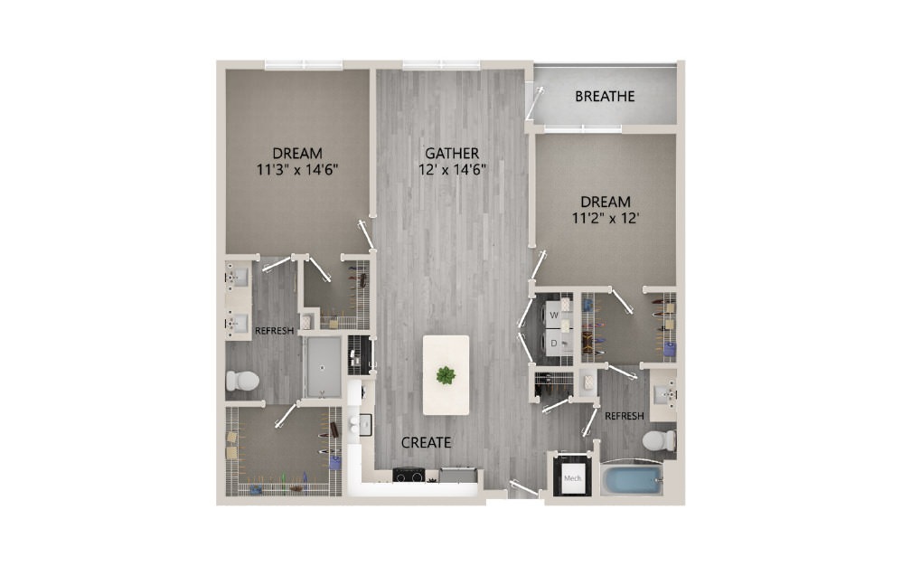 D07 - 2D 2 Bed & 2 Bath Floor Plan At Aventon Crown Apartments
