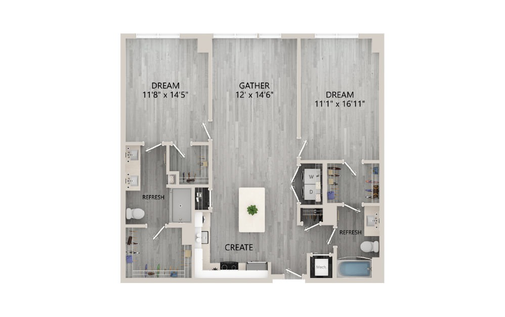 D08.2 - 2 bedroom floorplan layout with 2 baths and 1221 square feet. (2D)