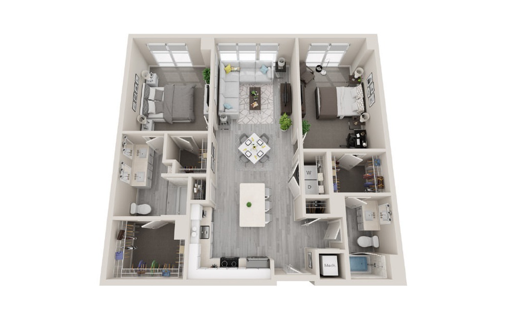 D08.2 - 2 bedroom floorplan layout with 2 baths and 1221 square feet. (3D)
