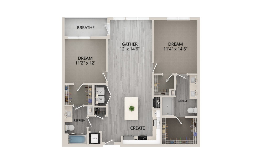 D08 - 2 bedroom floorplan layout with 2 baths and 1162 square feet. (2D)