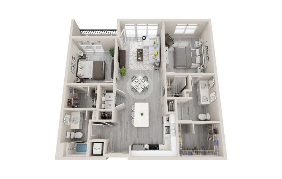 D08 - 2 bedroom floorplan layout with 2 baths and 1162 square feet. (3D)