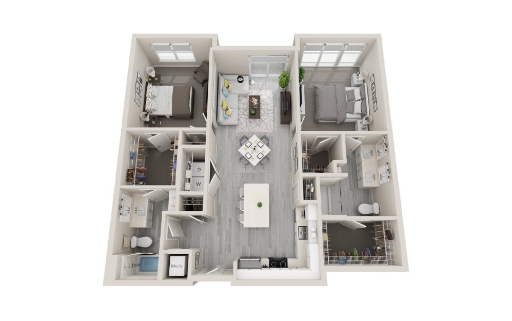 D09 - 2 bedroom floorplan layout with 2 bathrooms and 1182 square feet (3D)