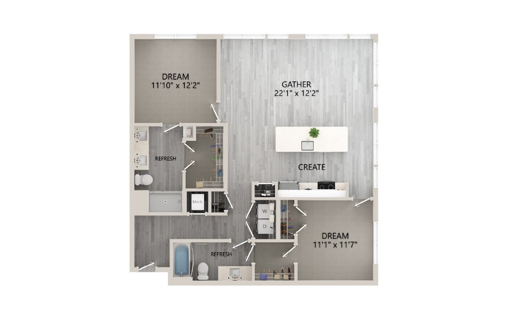 D10 - 2 bedroom floorplan layout with 2 baths and 1237 square feet. (2D)