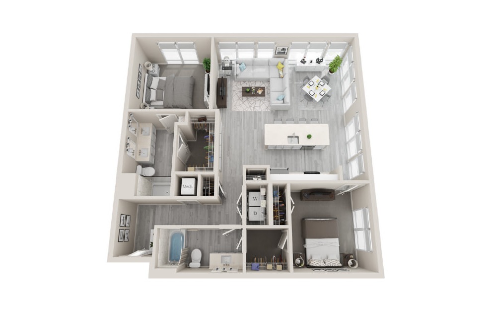 D10 - 2 bedroom floorplan layout with 2 baths and 1237 square feet. (3D)