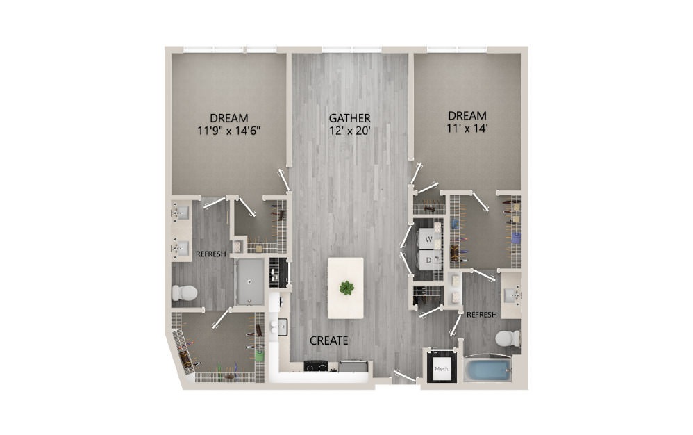 D11 - 2 bedroom floorplan layout with 2 baths and 1217 square feet. (2D)