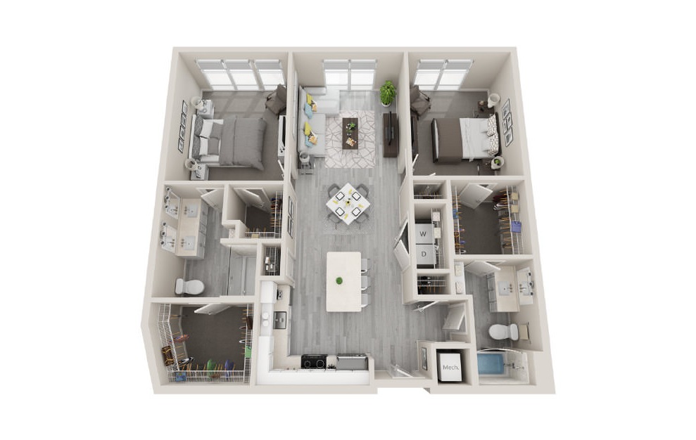 D11 - 2 bedroom floorplan layout with 2 baths and 1217 square feet. (3D)
