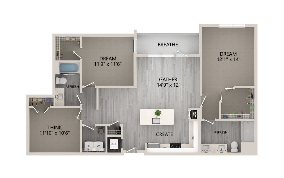 E1 - 2 bedroom floorplan layout with 2 baths and 1330 square feet. (2D)
