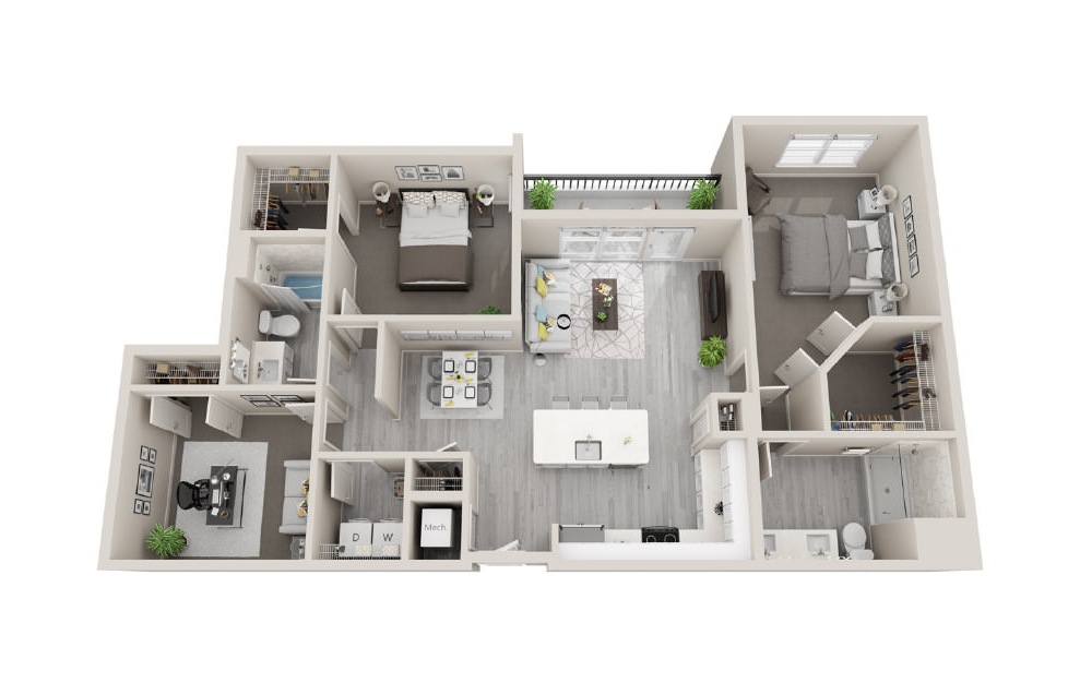 E1 - 2 bedroom floorplan layout with 2 baths and 1330 square feet. (3D)