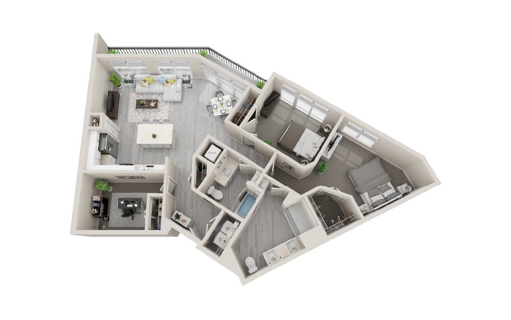 E2 - 2 bedroom floorplan layout with 2 bathrooms and 1370 square feet (3D)