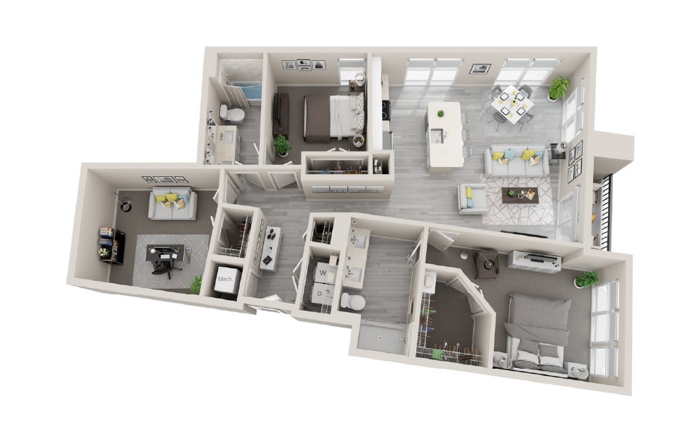 E3 - 2 bedroom floorplan layout with 2 baths and 1377 square feet. (3D)