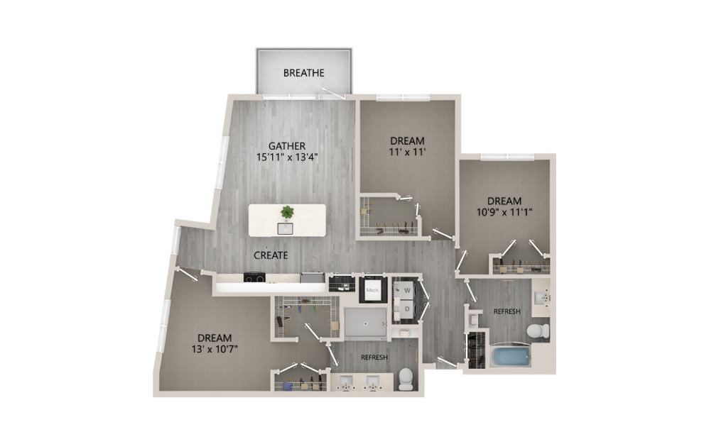 F1 - 3 bedroom floorplan layout with 2 baths and 1350 square feet. (2D)