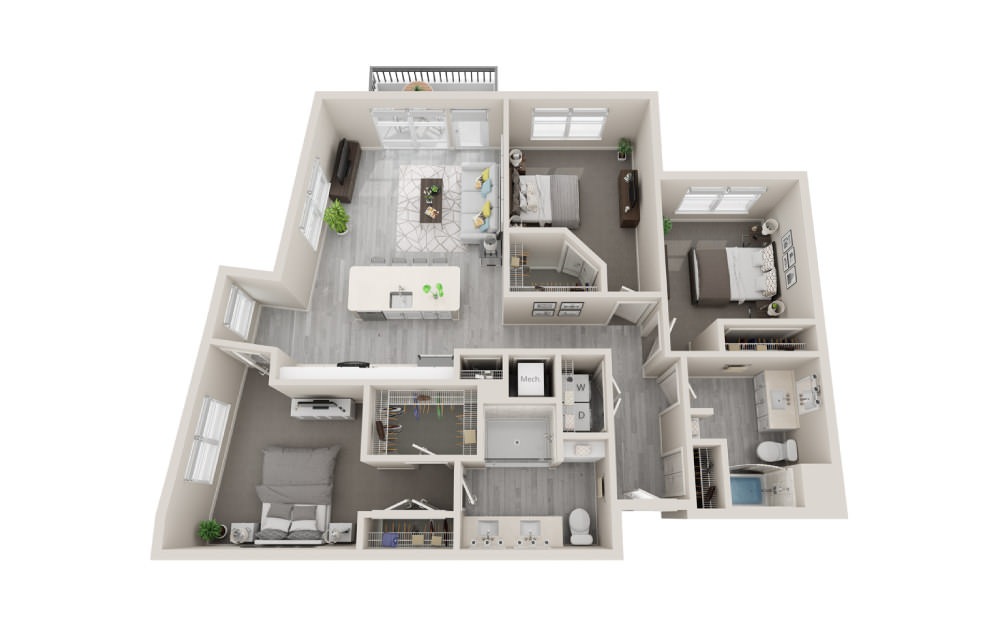 F1 - 3 bedroom floorplan layout with 2 bathrooms and 1350 square feet (3D)