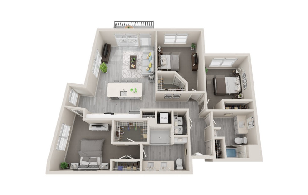 F1 - 3 bedroom floorplan layout with 2 baths and 1350 square feet. (3D)