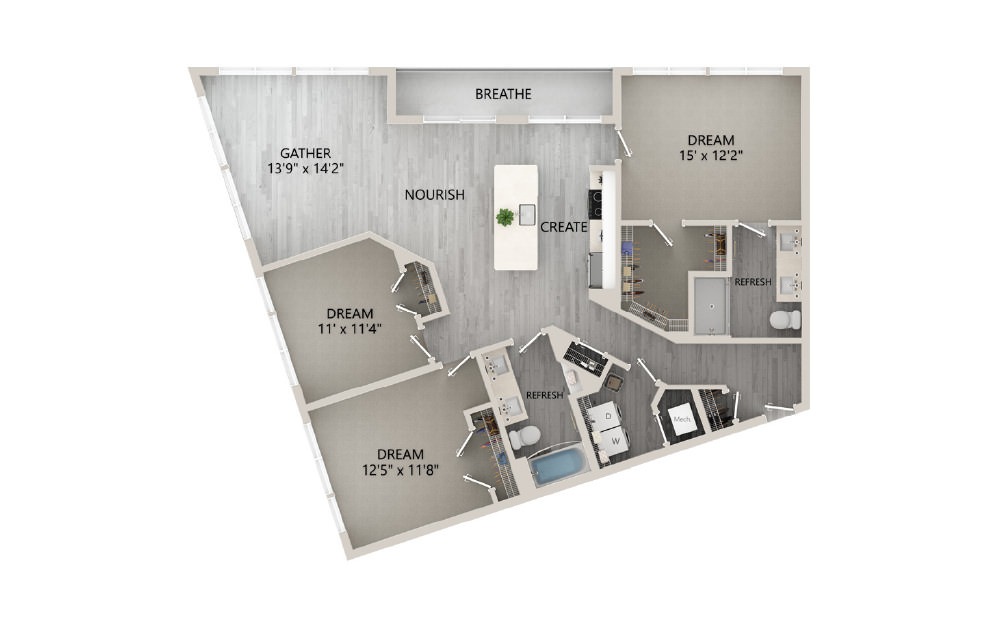 F2 - 3 bedroom floorplan layout with 2 baths and 1475 square feet. (2D)