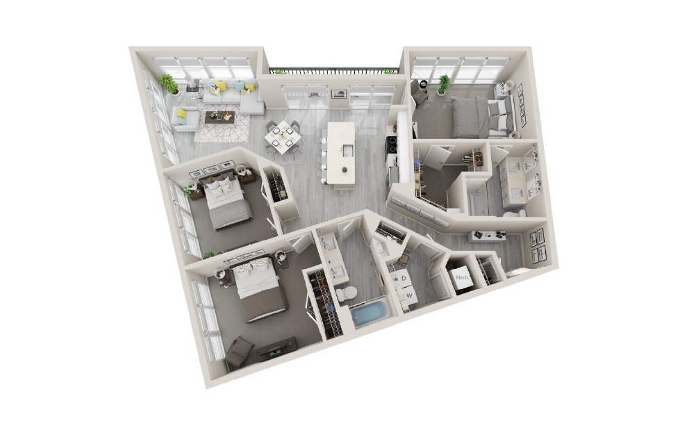 F2 - 3 bedroom floorplan layout with 2 baths and 1475 square feet. (3D)