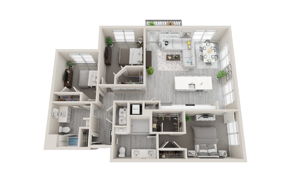 F3 - 3 bedroom floorplan layout with 2 bathrooms and 1484 square feet (3D)