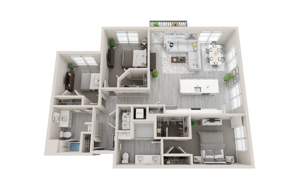 F3 - 3 bedroom floorplan layout with 2 baths and 1484 square feet. (3D)