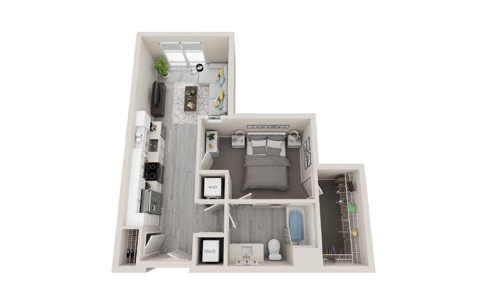 JA4 - 1 bedroom floorplan layout with 1 bathroom and 625 square feet (3D)