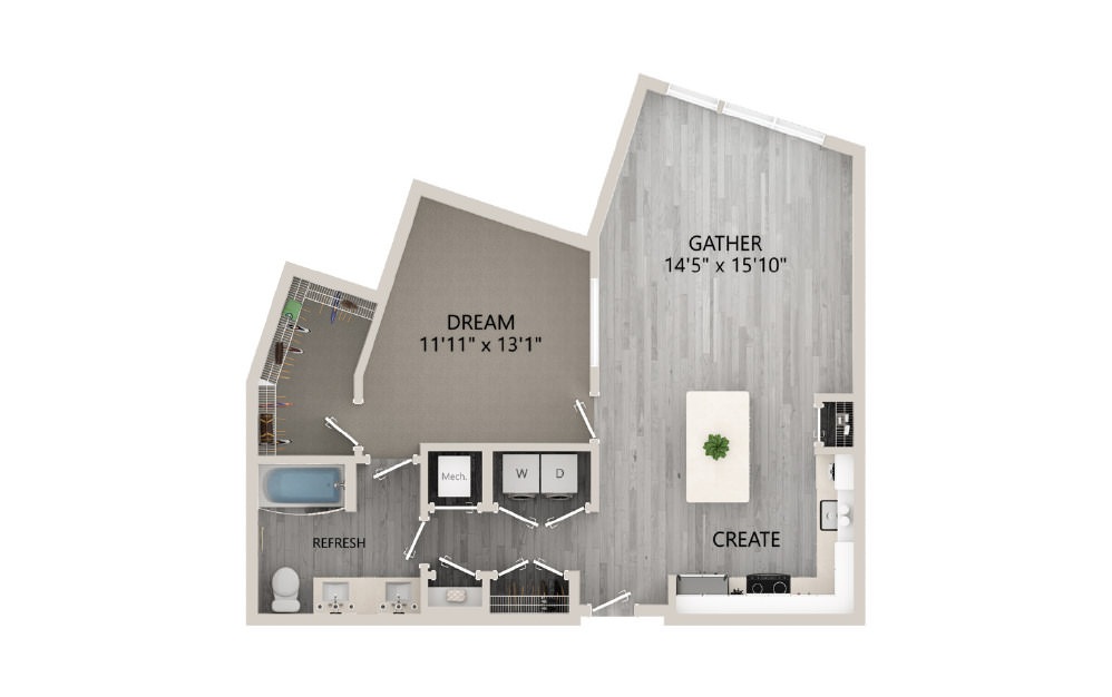 JA5 - 1 bedroom floorplan layout with 1 bath and 837 square feet. (2D)