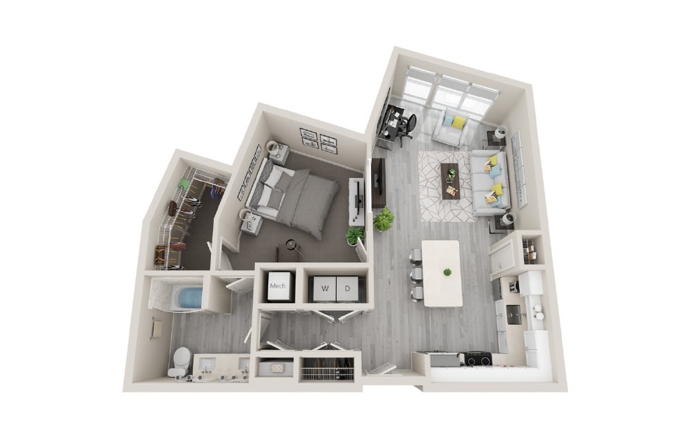 JA5 - 1 bedroom floorplan layout with 1 bath and 837 square feet. (3D)